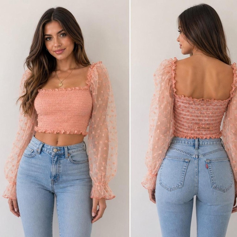Pink Sheer Polka Dot Sleeve Crop Top